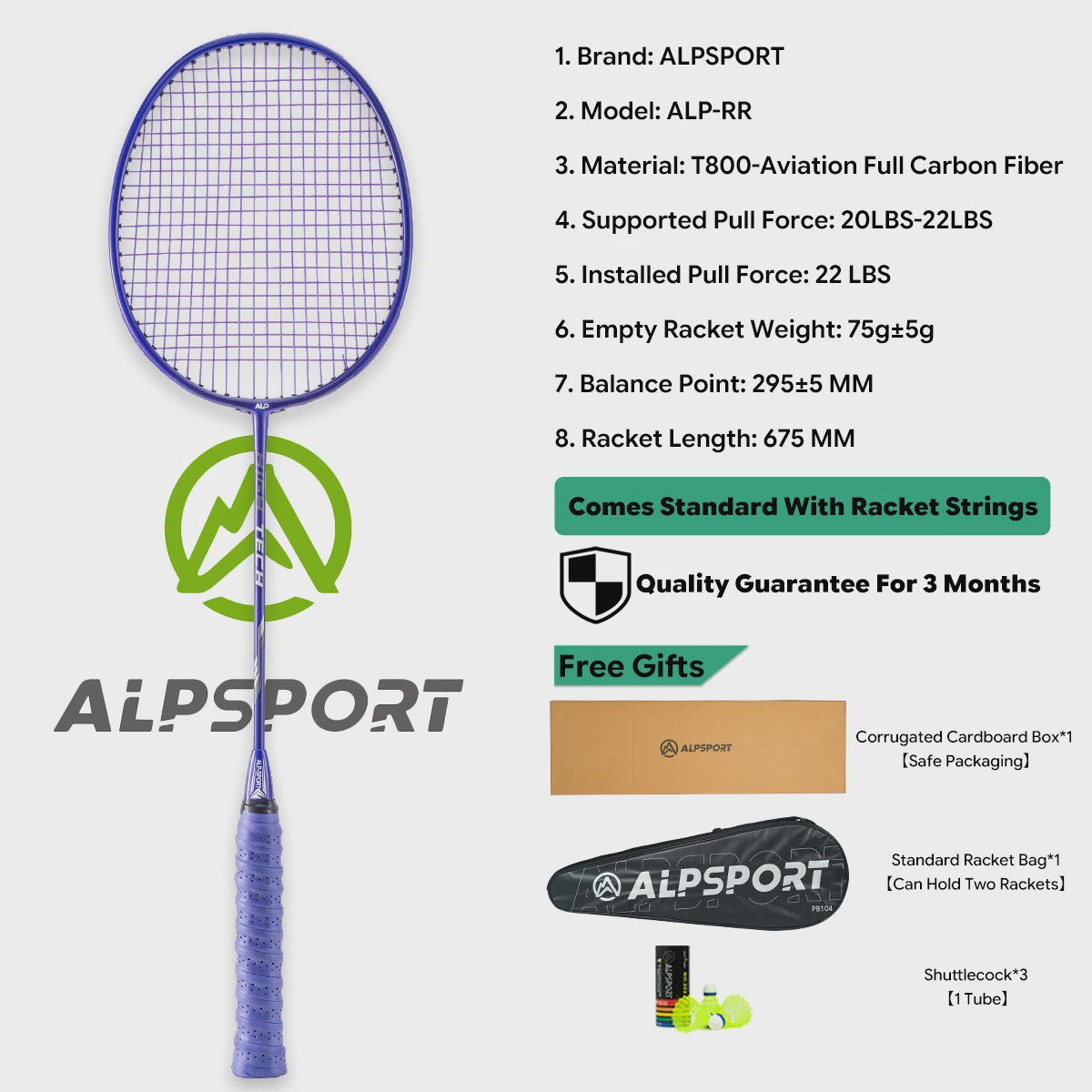 ALPSPORT RR Carbon Fiber Badminton Racket Set (2 stuks) - Offensief, 26LBS, Inclusief Tas & Shuttlecock - Ideaal voor Tieners