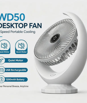 Draagbare USB Bureauventilator WD50 - Stil, Oplaadbaar met 3 Snelheden en 1200mAh Batterij