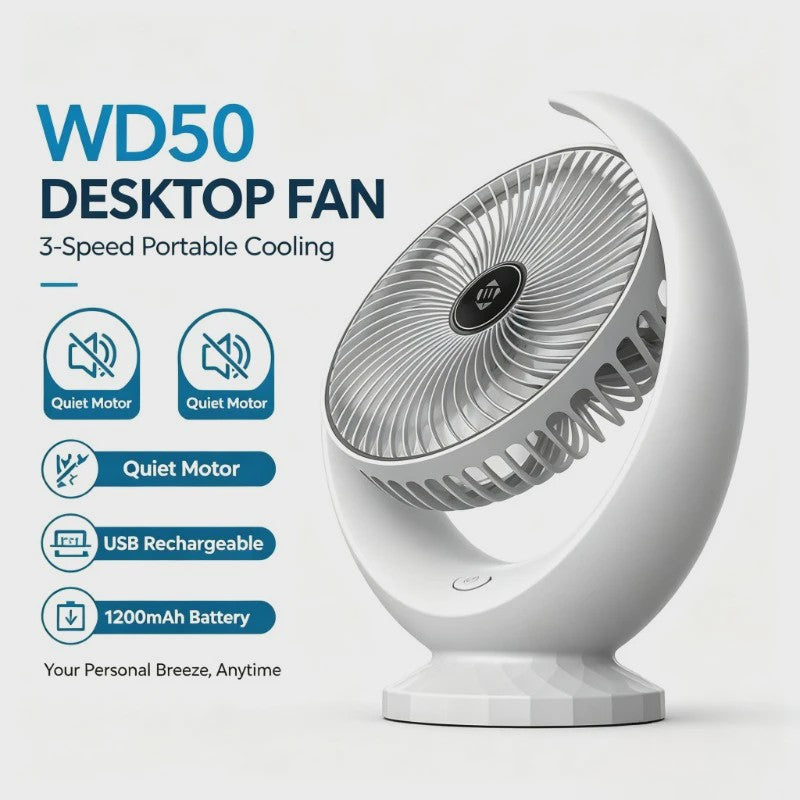 Draagbare USB Bureauventilator WD50 - Stil, Oplaadbaar met 3 Snelheden en 1200mAh Batterij