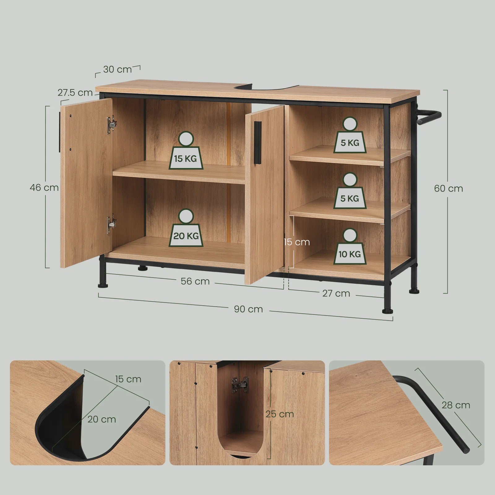 EUGAD Onderbouw Wastafelmeubel met Handdoekhouder - 90x30x60 cm - Houtkleur