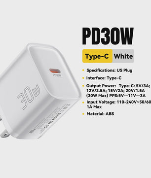 Essager Mini 30W Snellader Type C PD QC3.0 voor iPhone, Samsung, iPad