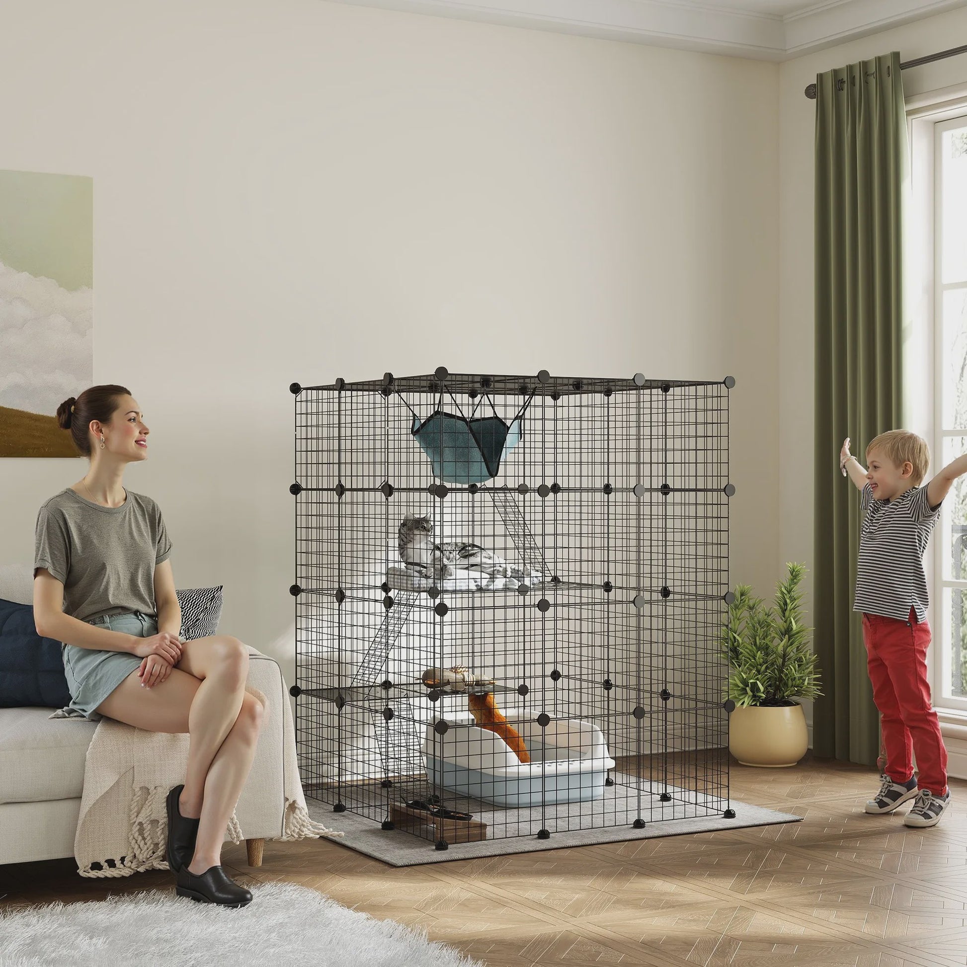 Grote DIY Kattenkooi Ren met Platforms en Hangmat - Ruim Binnenverblijf voor Katten