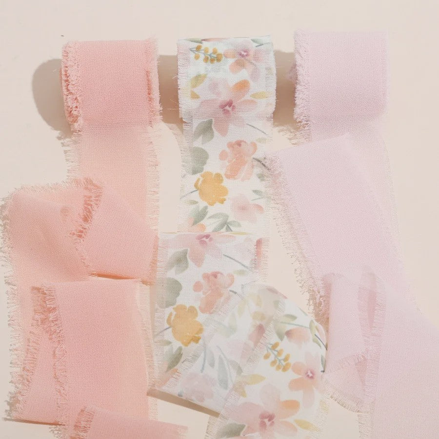 Handgemaakte Satijn Chiffon Lint Set - 3 Rollen van 5m met Rafeleffect voor Bruiloft, Cadeau & DIY Decoratie
