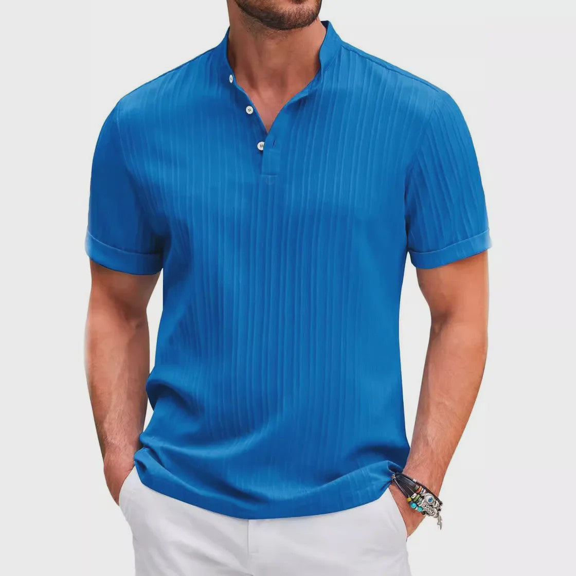 Herenshirt van Katoen en Linnen met Opstaande Kraag - Casual en Comfortabel
