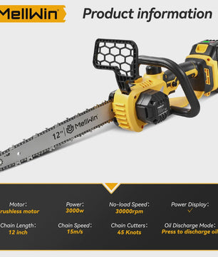 Mellwin 12-Inch Accu Kettingzaag - Krachtig 3000W Brushless, Automatische Olie Systeem