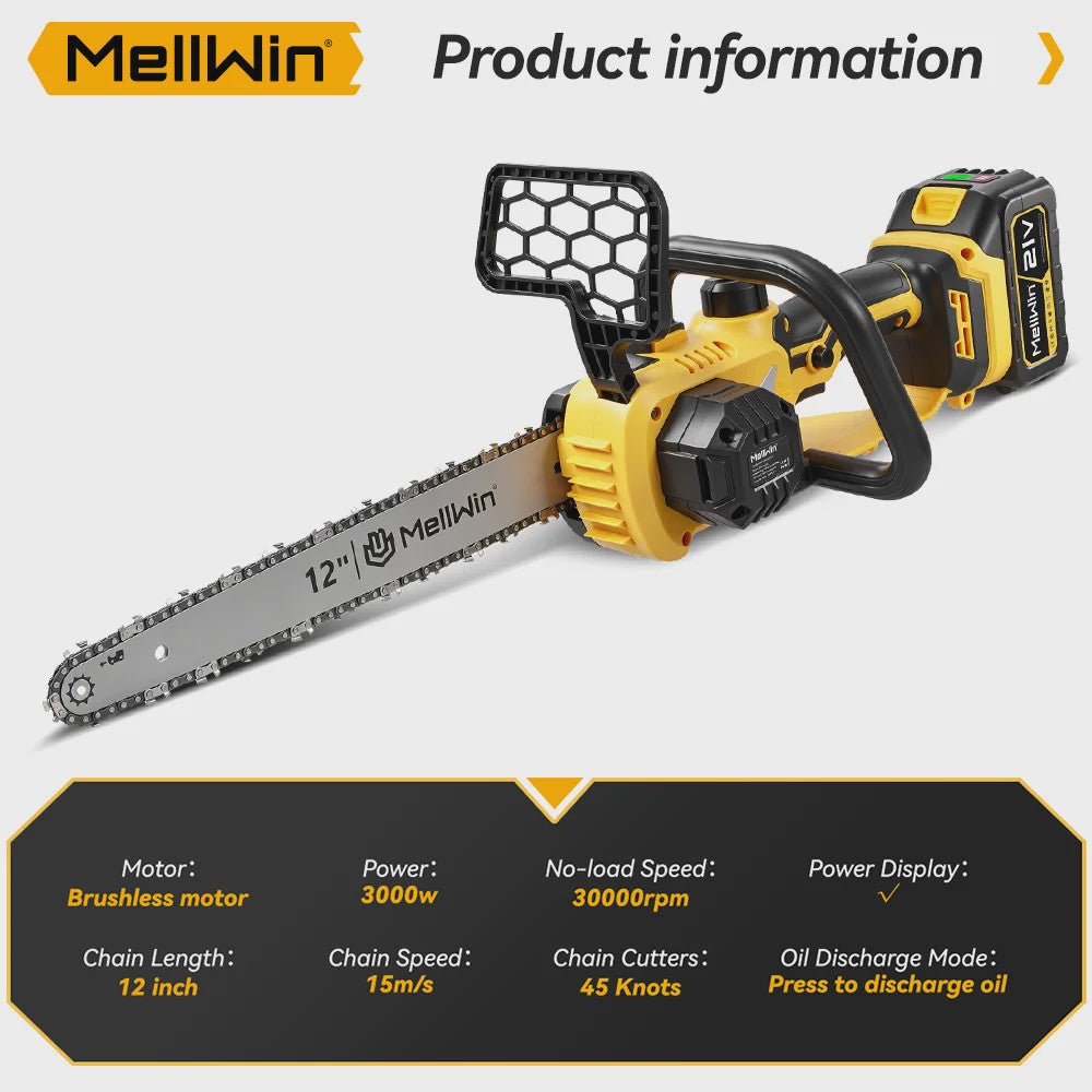 Mellwin 12-Inch Accu Kettingzaag - Krachtig 3000W Brushless, Automatische Olie Systeem