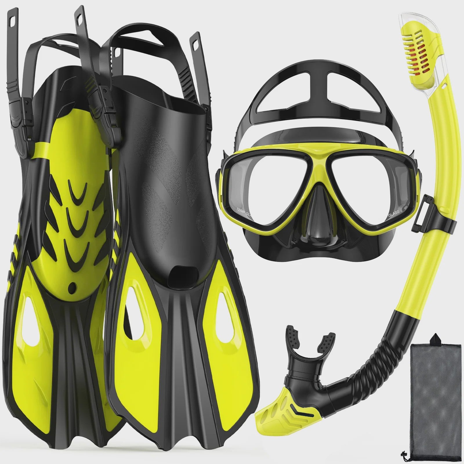 Complete snorkelset voor volwassenen: masker, snorkel, flippers en tas