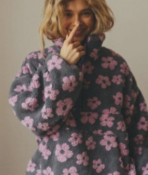 Dames Sherpa Pullover Hoodie met Bloemenprint en Halve Rits - Warm & Stijlvol