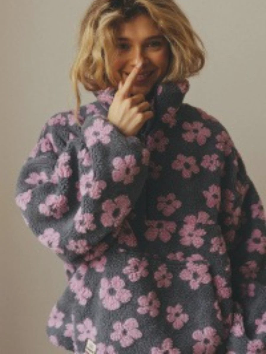 Dames Sherpa Pullover Hoodie met Bloemenprint en Halve Rits - Warm & Stijlvol