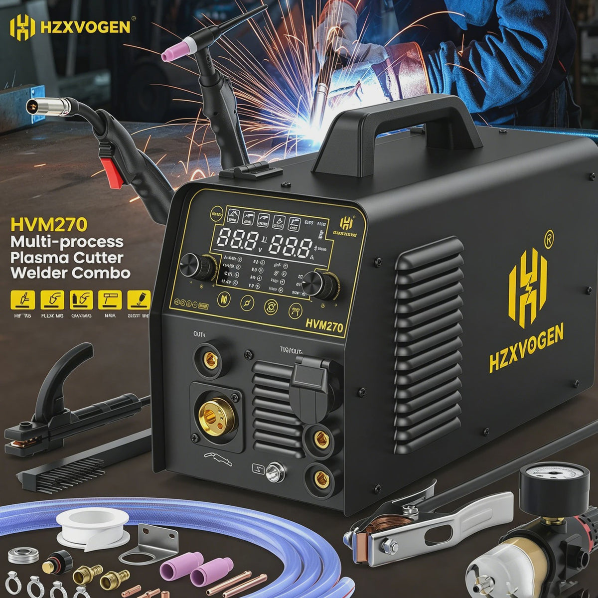 HZXVOGEN HVM270 6-in-1 Multi-Proces Lasmachine (MIG/TIG/MMA/CUT/SPOT) 220V Inverter