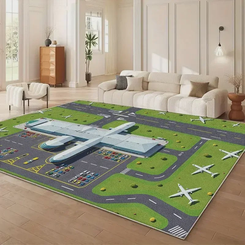 VIKAMA Speelkleed Vliegveld met Vliegtuigen - Wasbaar & Antislip Speelmat voor Kinderkamer