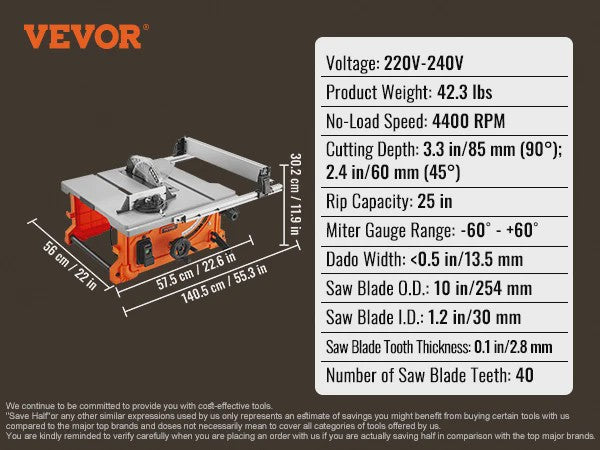 SucceBuy 10-inch Tafelzaag 8A - Draagbaar & Compact voor Jobsite & DIY Houtbewerking