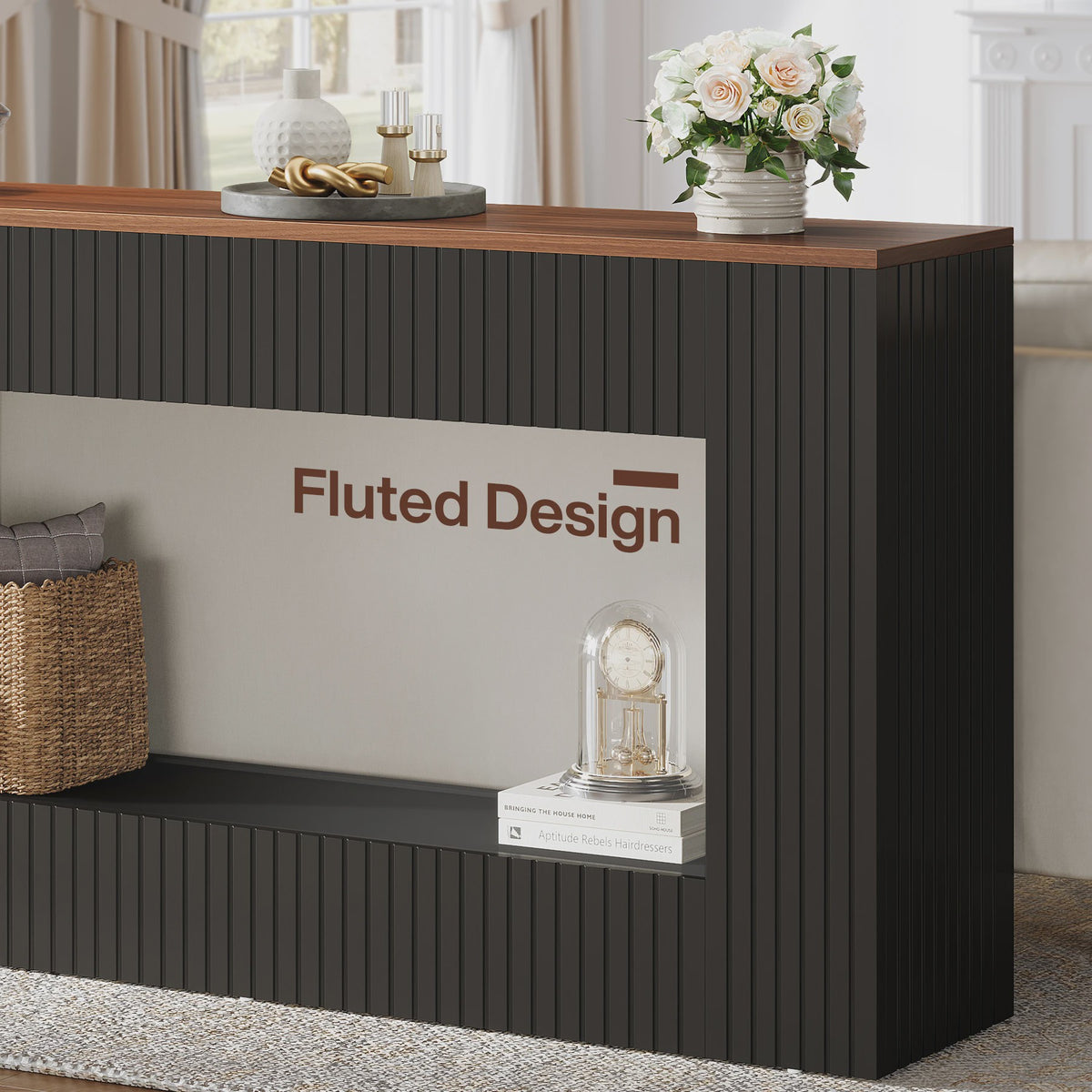 Moderne Console Tafel 140 cm Zwart met Houten Top - Stijlvolle Entree- en Banktafel