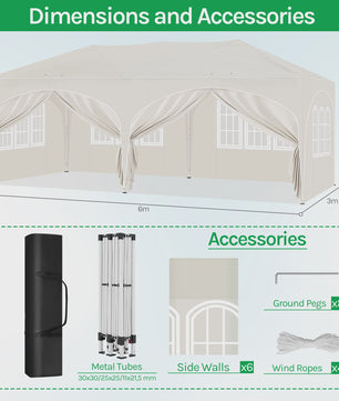 Pop-Up Partytent 3x6m - Verstelbaar, Waterdicht Paviljoen met 6 Zijwanden voor Tuin & Outdoor