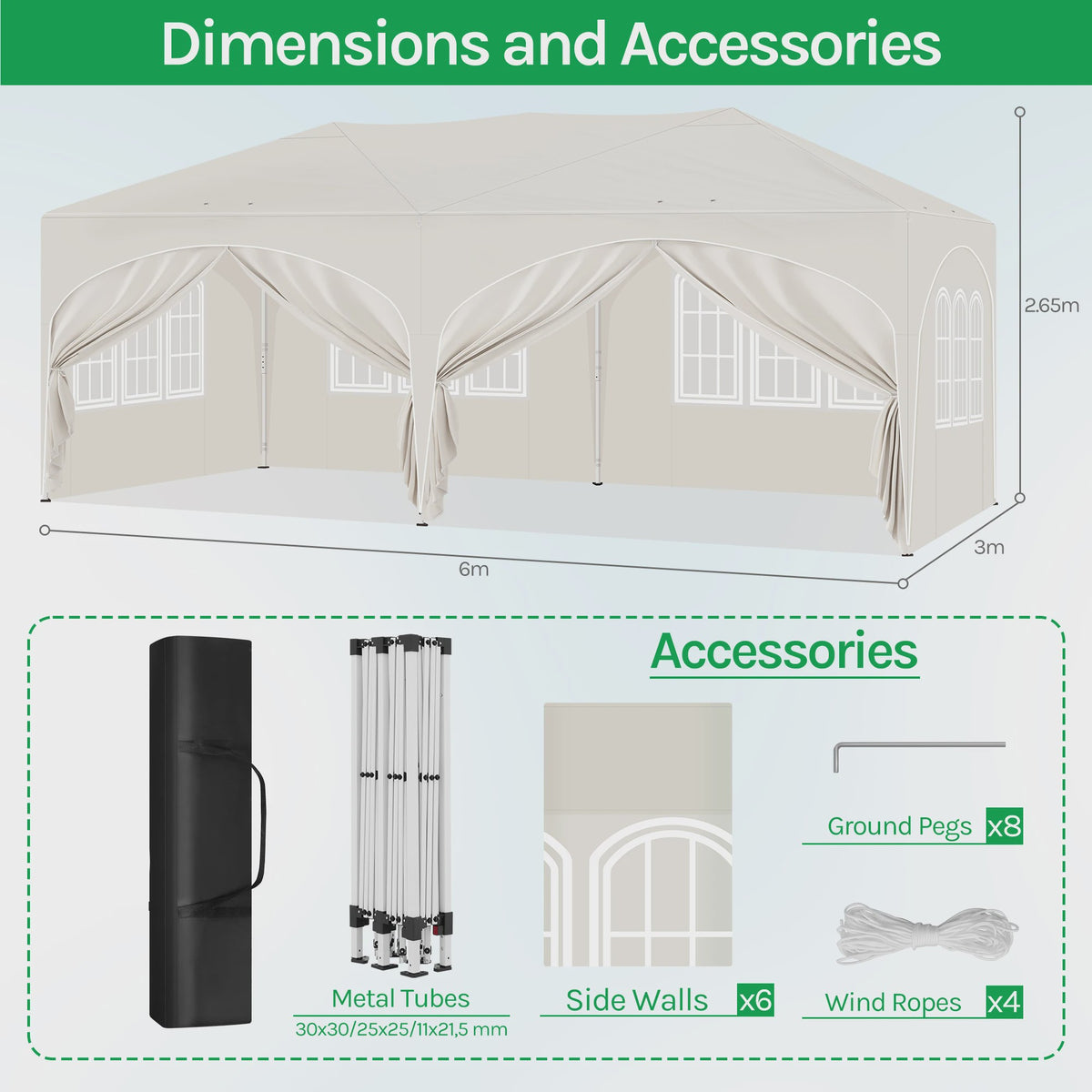 Pop-Up Partytent 3x6m - Verstelbaar, Waterdicht Paviljoen met 6 Zijwanden voor Tuin & Outdoor
