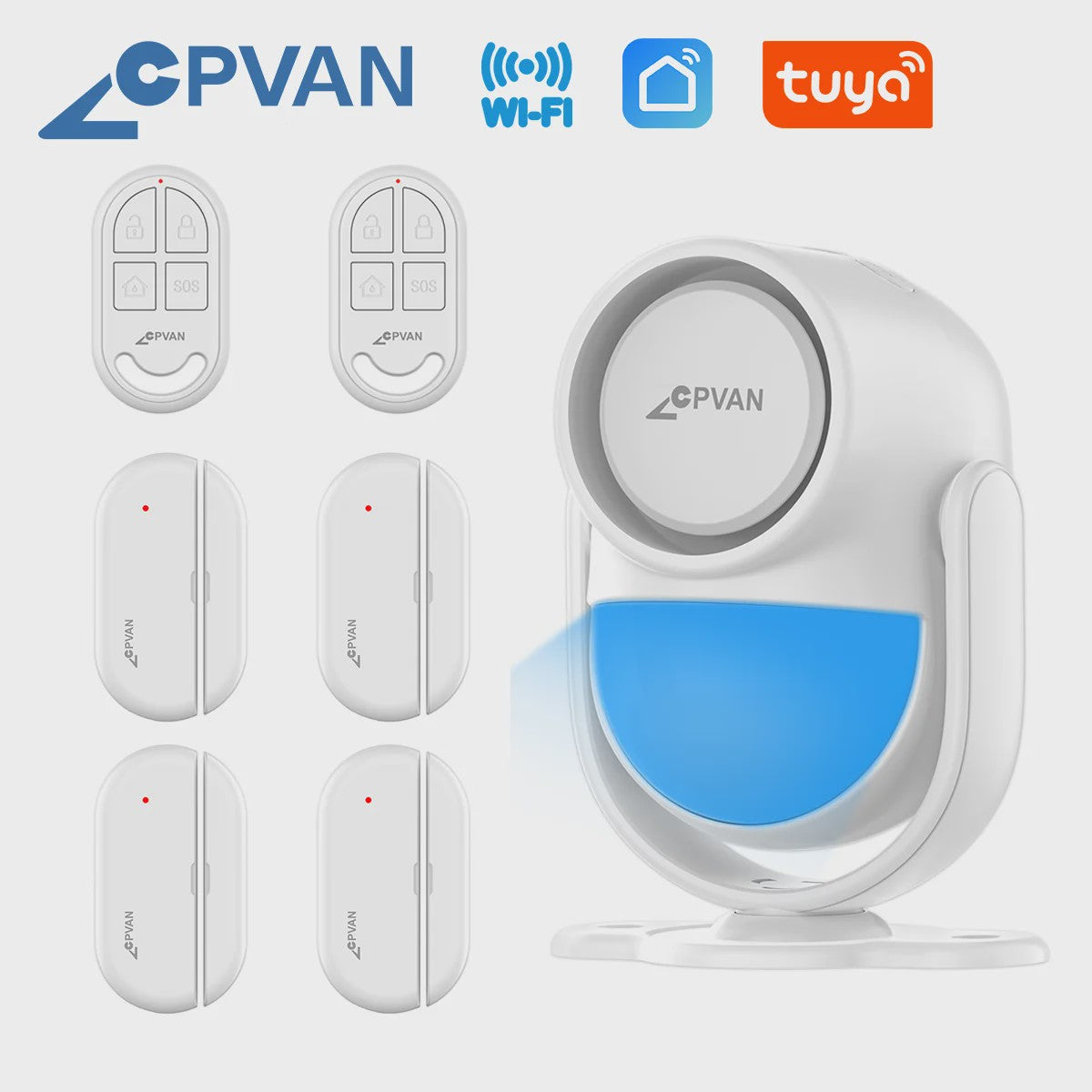 CPVAN Smart Home Alarm Systeem met PIR Bewegingsmelder, Deursensor en Afstandsbediening - Tuya WIFI