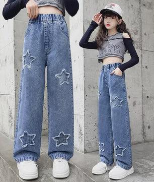 Modieuze Jeans met Strikjesprint voor Meisjes (4-14 jaar) - Wijde Pijpen Denim Broek