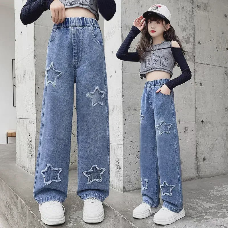 Modieuze Jeans met Strikjesprint voor Meisjes (4-14 jaar) - Wijde Pijpen Denim Broek