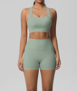 Dames Yoga Set: Sportieve Kleding met Hoge Taille Shorts en Sportbeha met Zakken