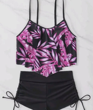Dames Bikini Set met Hoge Taille en Bladprint - Zomerse Strandkleding