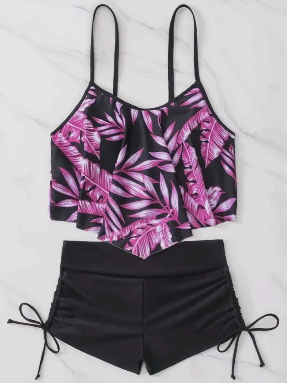 Dames Bikini Set met Hoge Taille en Bladprint - Zomerse Strandkleding