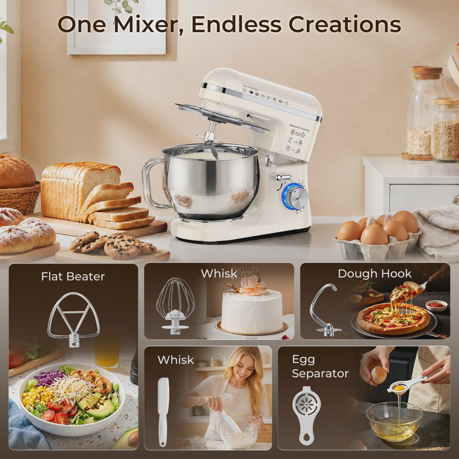 Patbrela Keukenmachine 5L - Krachtige Planetaire Mixer met 10 Snelheden voor Deeg, Cake en Koekjes