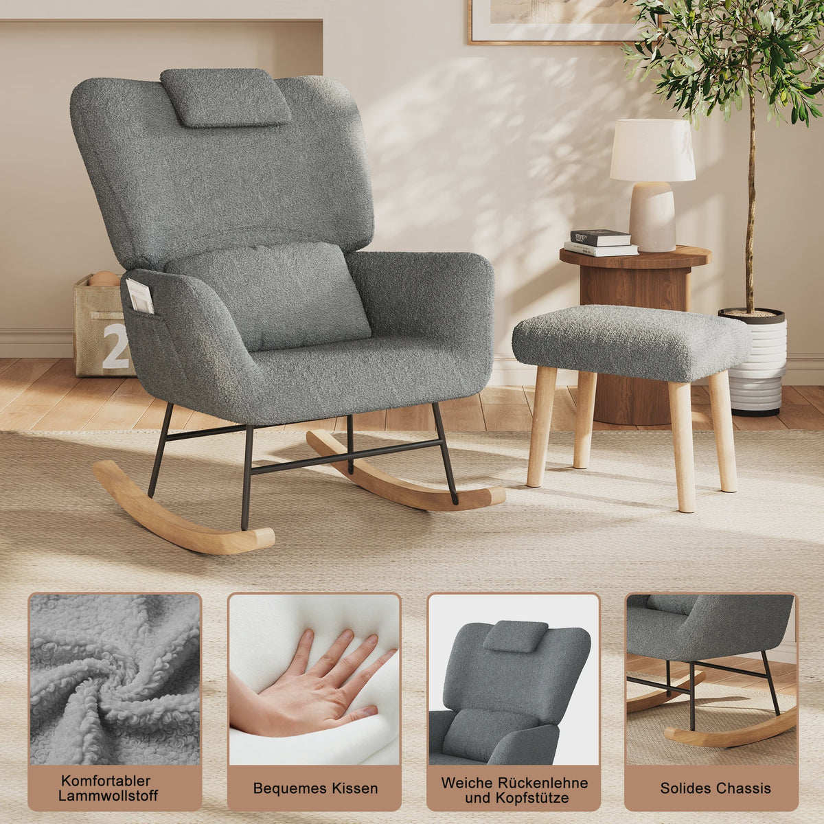 Luxe Schommelstoel met Voetenbank en Hoofdsteun - Comfortabele Fauteuil met Zijvak