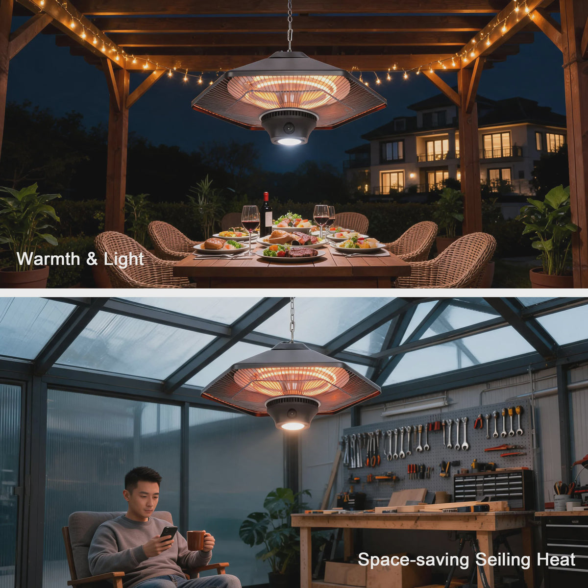 2000W Plafond Terrasverwarmer met LED Licht - Infrarood Verwarming, Afstandsbediening & 3 standen
