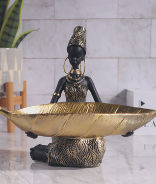Afrikaanse Vrouw Sculptuur met Gouden Blad Schaal - Decoratieve Opberger & Verzamelobject