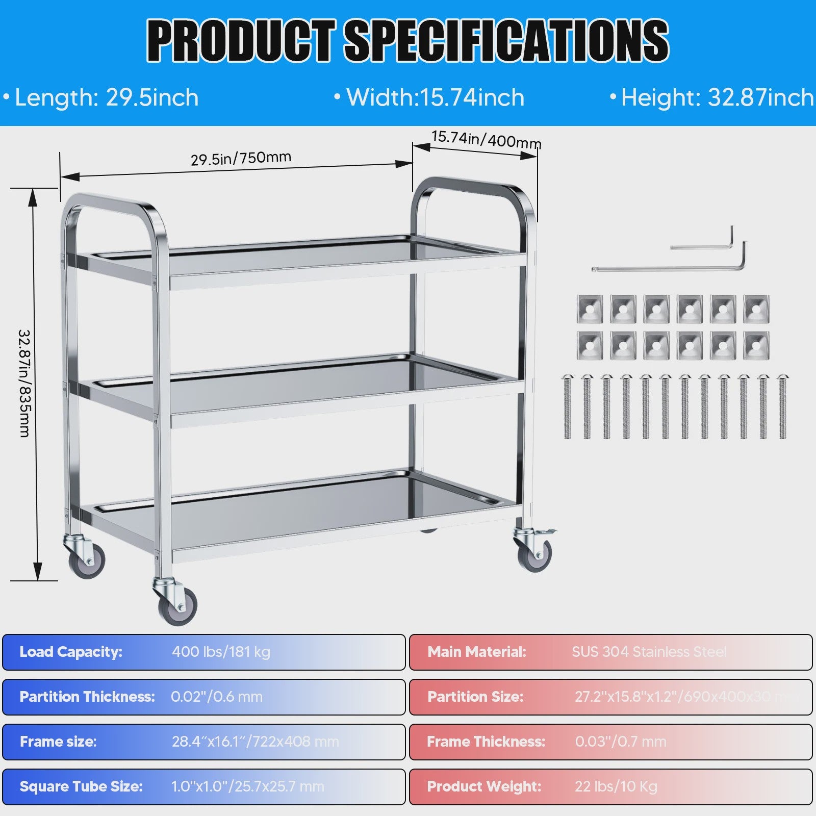 Professionele 3-Laags RVS Trolley met Wielen - Stil en Duurzaam voor Keuken, Kliniek en Salon