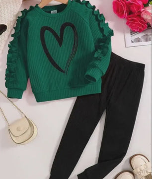 Meisjes Sweater & Broek Set - Lente/Herfst Mode met Hartjes Print en Ruches