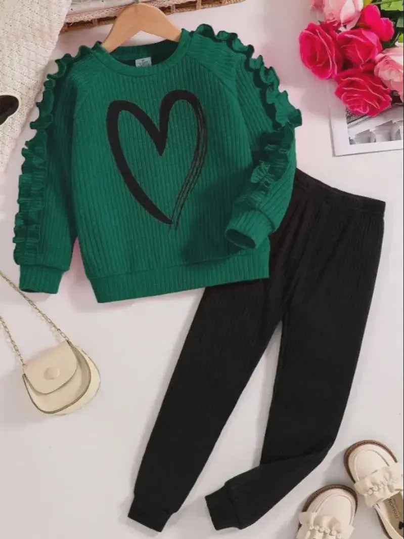 Meisjes Sweater & Broek Set - Lente/Herfst Mode met Hartjes Print en Ruches