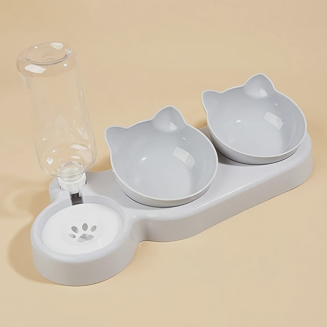 3-in-1 Kattenvoerbak met Waterdispenser en Nekbescherming - Schuin Ontwerp