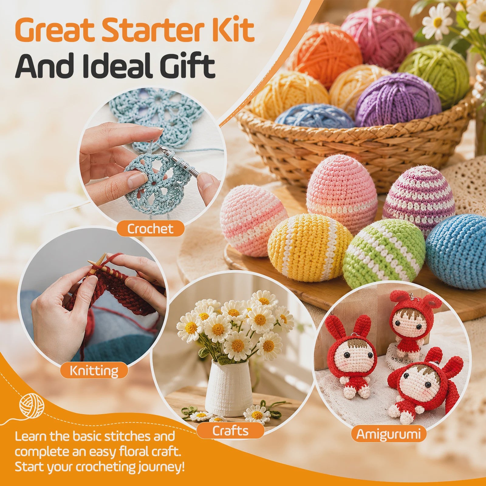 DIY Textile Set，77 Piece Crochet Hook Set With 62 Mixed Color Yarn Balls, 2 Aluminum Crochet Hooks, 2 Knitting Needles, And 10 Anti Slip Pins