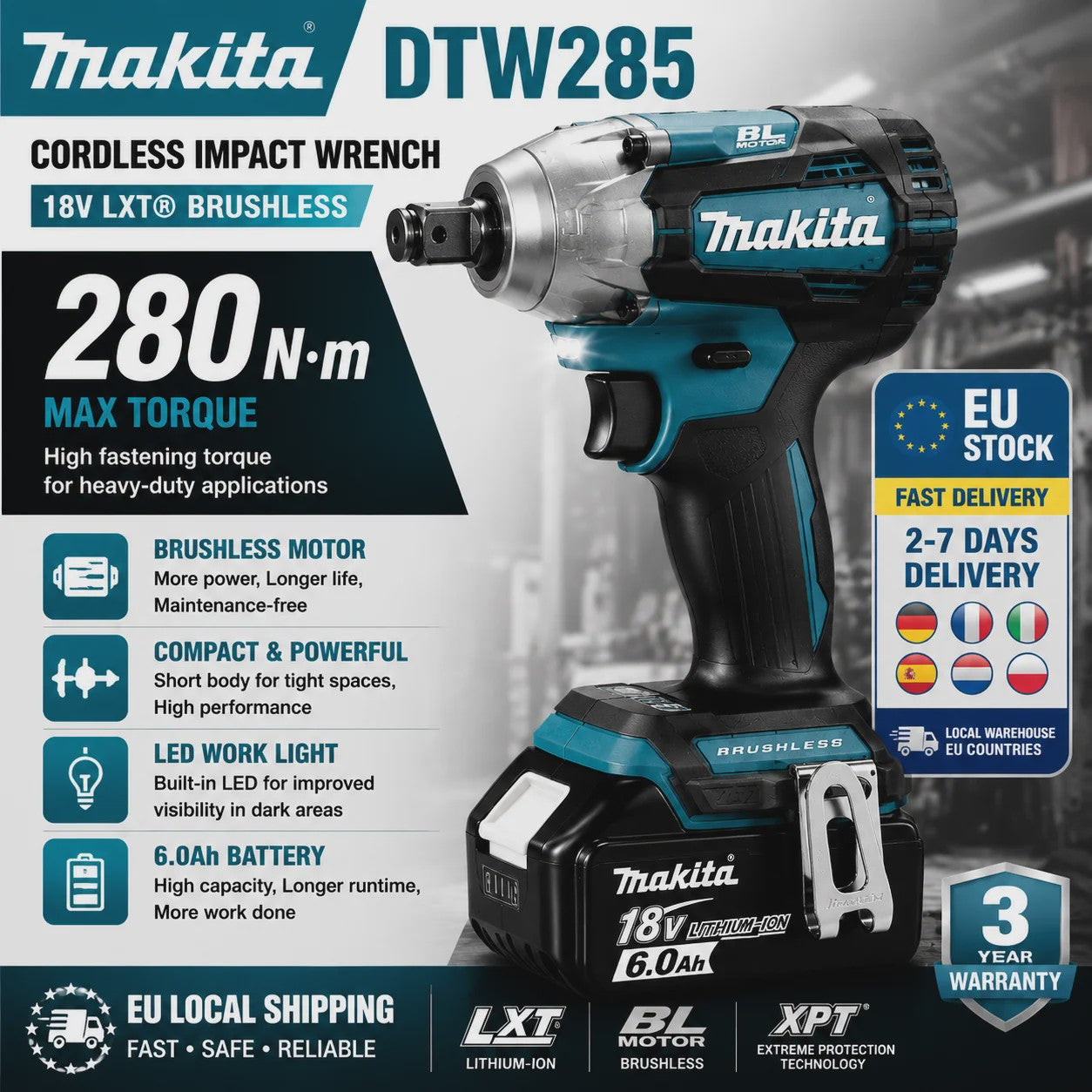 18V Brushless Slagmoersleutel Compatibel met Makita LXT Accu, 320 Nm Draadloos