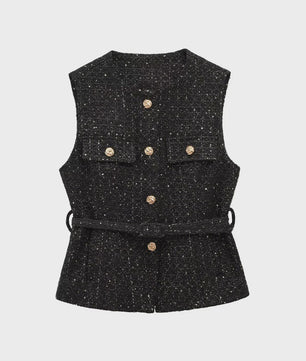 Chic Dames Gilet van Tweed met Riem - Mouwloos & Stijlvol Bovenstuk