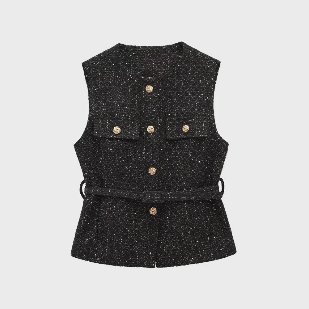 Chic Dames Gilet van Tweed met Riem - Mouwloos & Stijlvol Bovenstuk