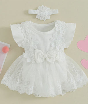 Prinsessen Baby Meisjes Romper Jurk met 3D Bloemen, Kant & Hoofdband - Zomerkleding