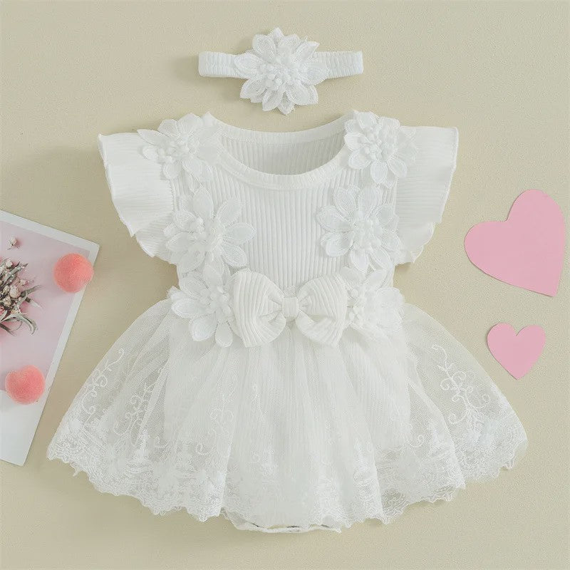 Prinsessen Baby Meisjes Romper Jurk met 3D Bloemen, Kant & Hoofdband - Zomerkleding
