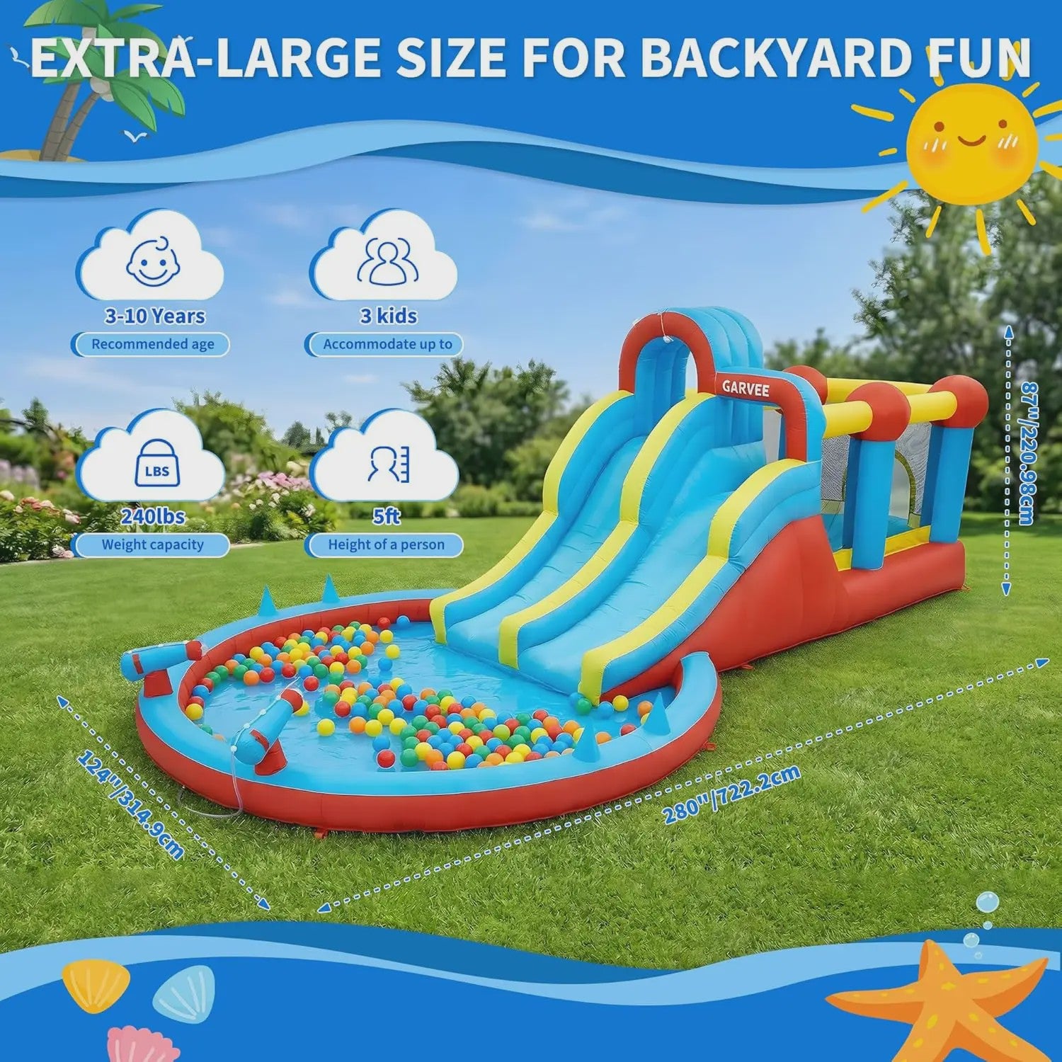 Garvee Kinder Springkussen met Waterglijbaan en Waterpistool - Groot Opblaasbaar Speelparadijs