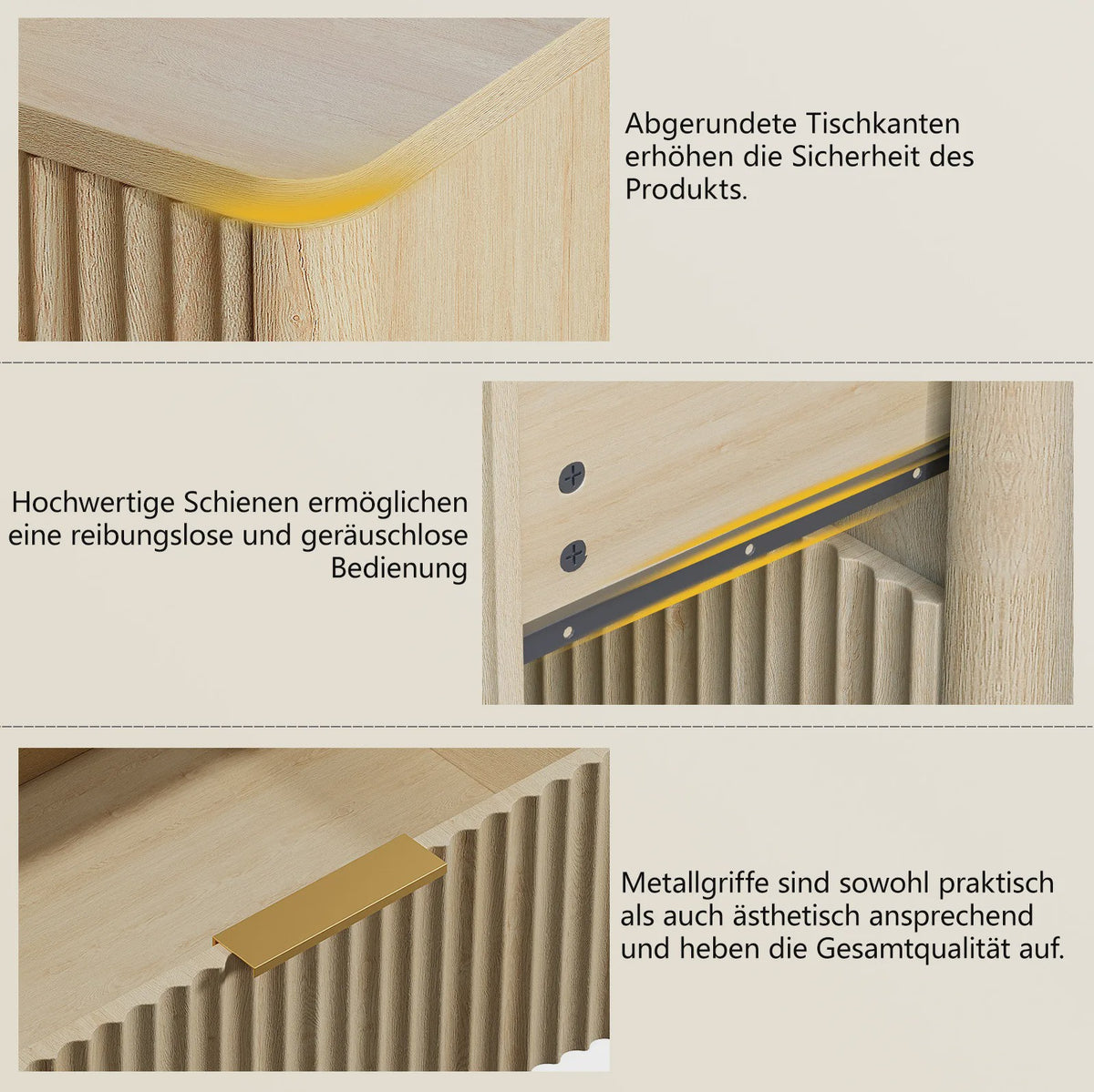 Eiken Nachtkastje met 3 Lades, Goudkleurige Handgrepen en Soft-Close Systeem - 58x38x64 cm