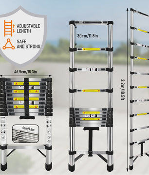 2.6M-6.3M Telescopische Ladder van Roestvrij Staal met Afneembare Haken & Stabilisator Bar - EN131 Gecertificeerd, 150kg Max