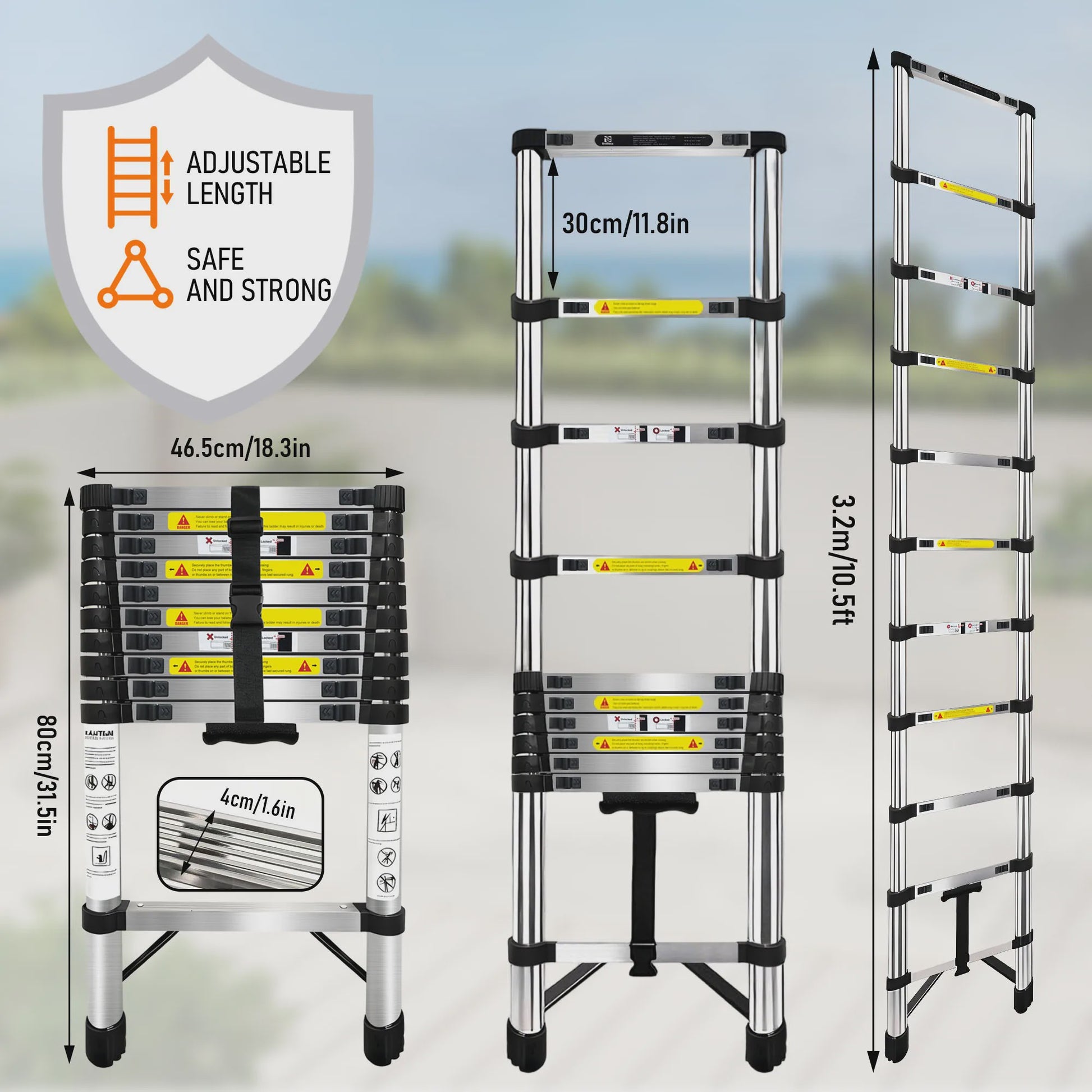 2.6M-6.3M Telescopische Ladder van Roestvrij Staal met Afneembare Haken & Stabilisator Bar - EN131 Gecertificeerd, 150kg Max