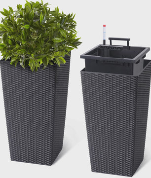 Set van 2 Hoge Rattan Plantenbakken - 16 Inch Moderne Wicker Potten met Drainage & Liner voor Buiten