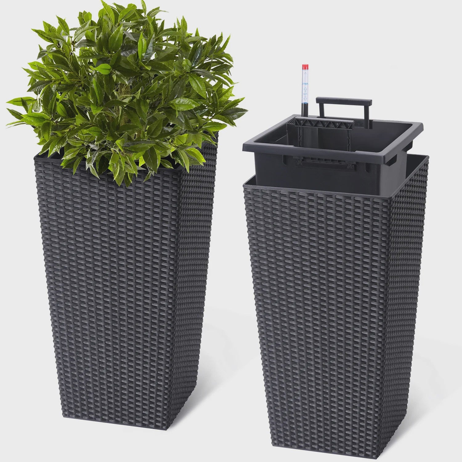 Set van 2 Hoge Rattan Plantenbakken - 16 Inch Moderne Wicker Potten met Drainage & Liner voor Buiten