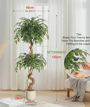 Kunst Ficus Boom met Gebogen Stam en Witte Pot - Realistische Zijde Plant voor Binnen & Buiten