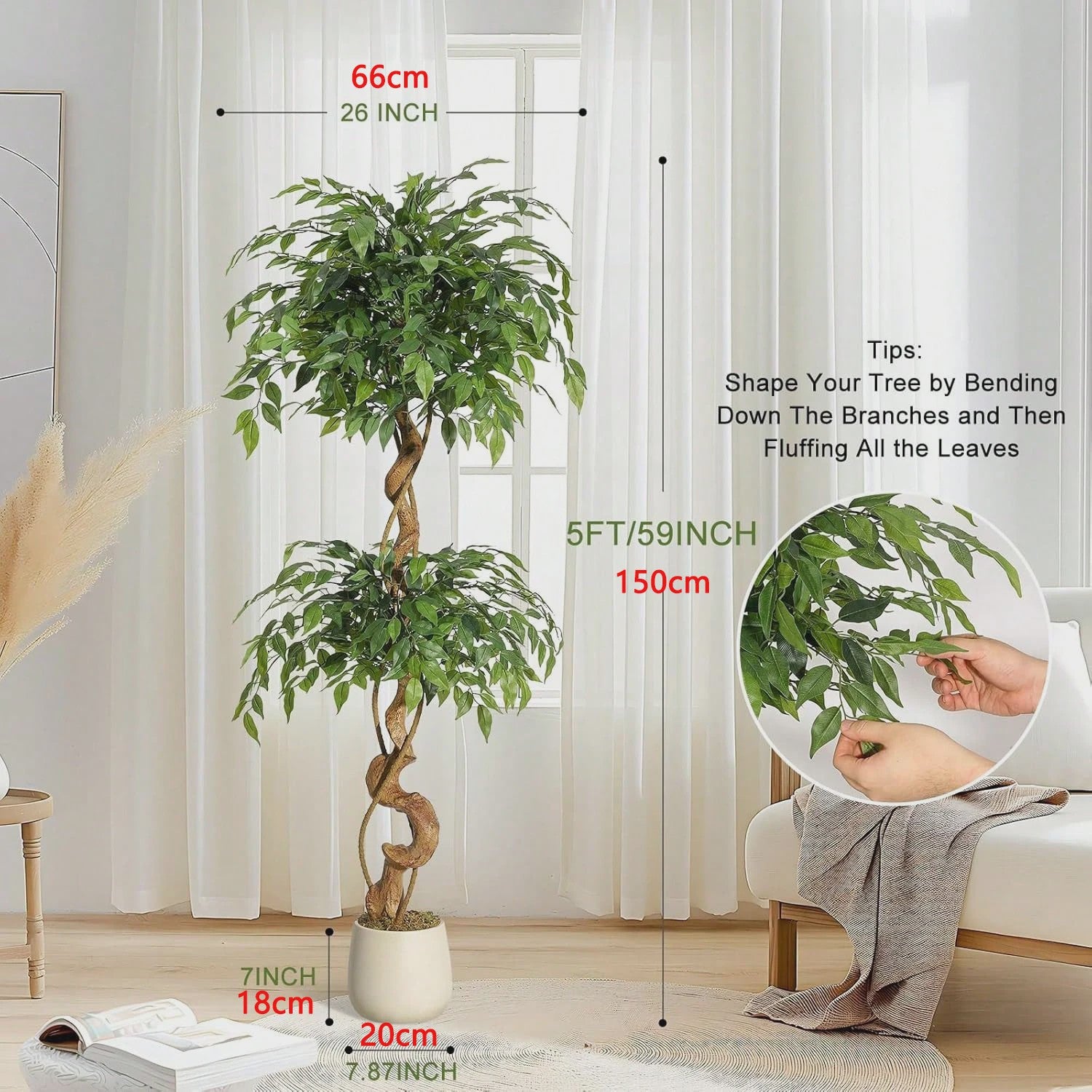 Kunst Ficus Boom met Gebogen Stam en Witte Pot - Realistische Zijde Plant voor Binnen & Buiten