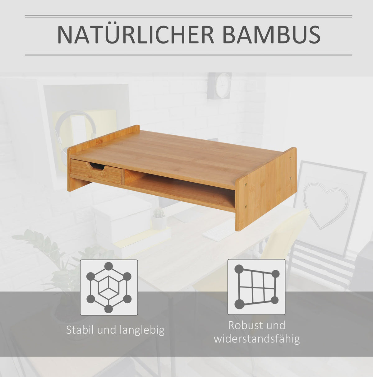 Bamboe Monitorstandaard met Lade en Opbergvak - 49x25.5x11.5 cm