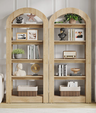 Houten Boekenkast met 5 Bogen - 71.6 Inch Hoge Staande Opbergkast in Teak Kleur