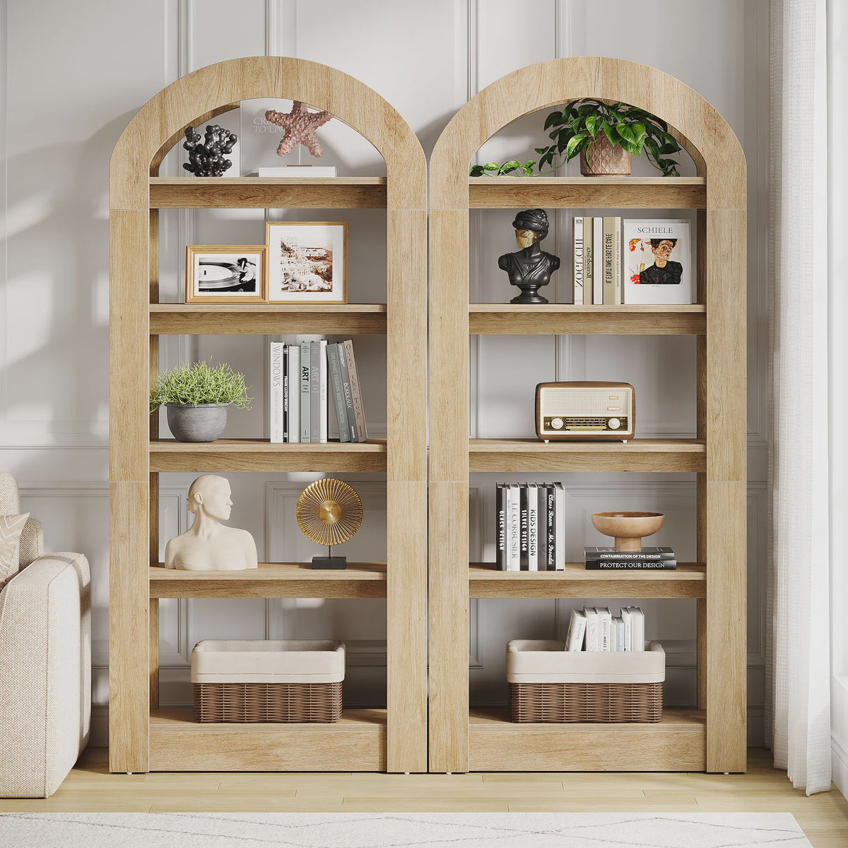 Houten Boekenkast met 5 Bogen - 71.6 Inch Hoge Staande Opbergkast in Teak Kleur